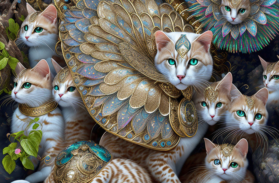 Multiple cats with peacock-like feathers and golden collars on dark floral backdrop