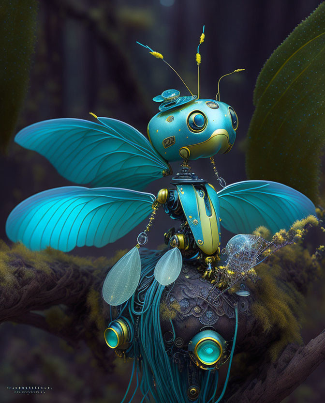 Whimsical digital artwork of a turquoise and gold mechanical insect in forest setting