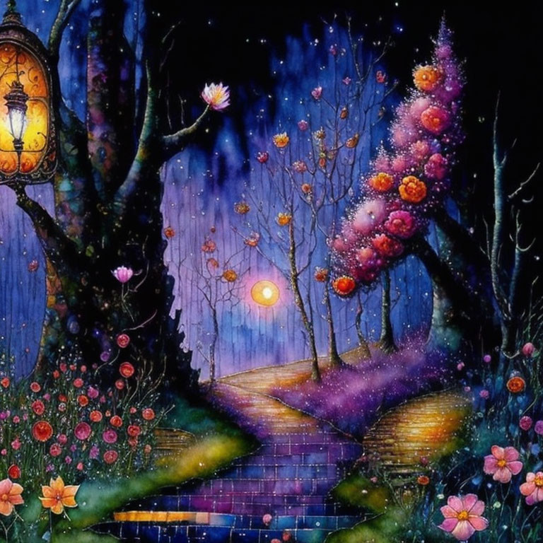 Whimsical painting of glowing lantern, vibrant flowers, starry sky, and moonlit garden