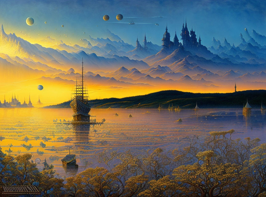 Fantasy landscape with ocean, ships, mountains, moons, and castle