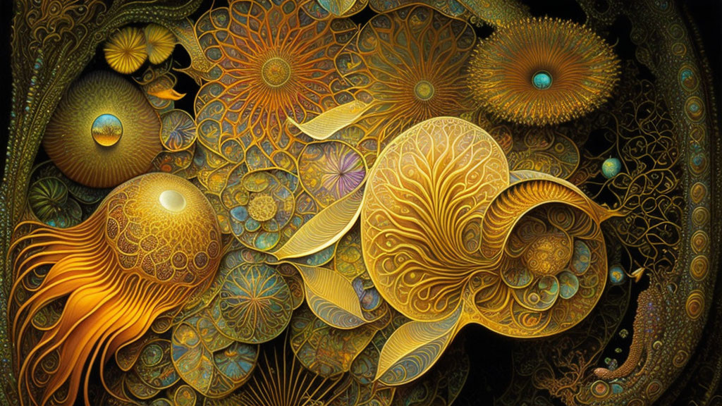 Abstract digital artwork with intricate golden patterns inspired by marine life.