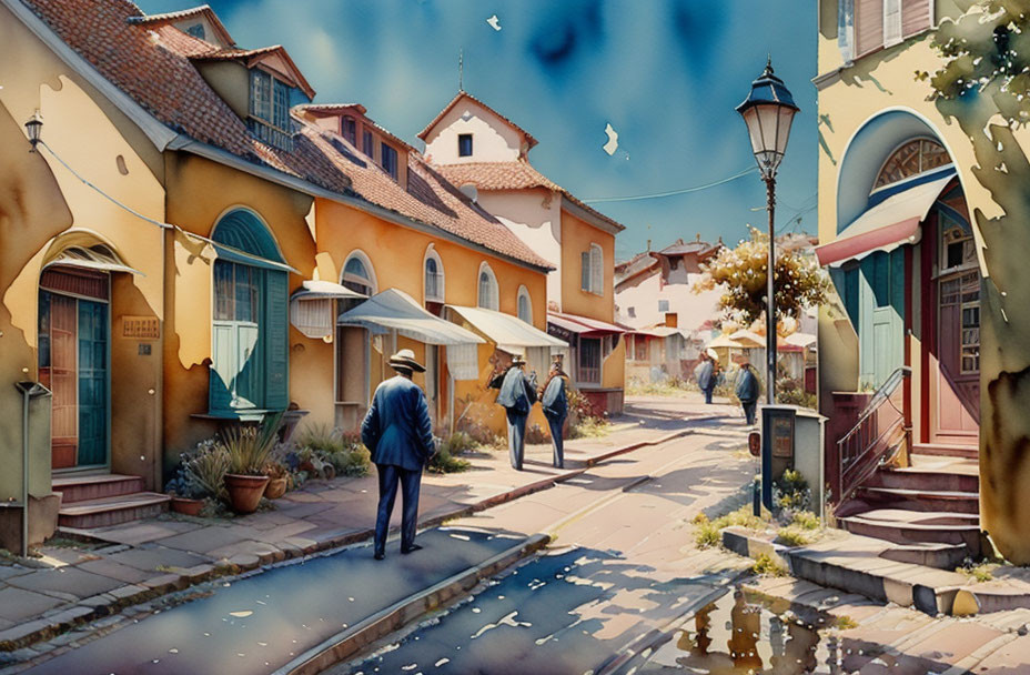 Colorful Buildings and People on Quaint Sunny Street