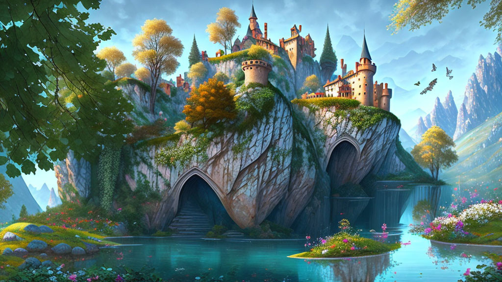 Castle on Green Hill with Stone Bridges, River, Flora & Mountains