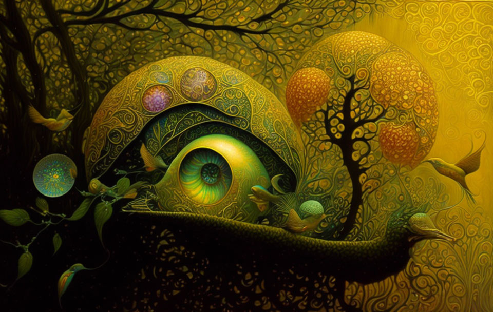 Surreal painting of vibrant eye in fantastical forest