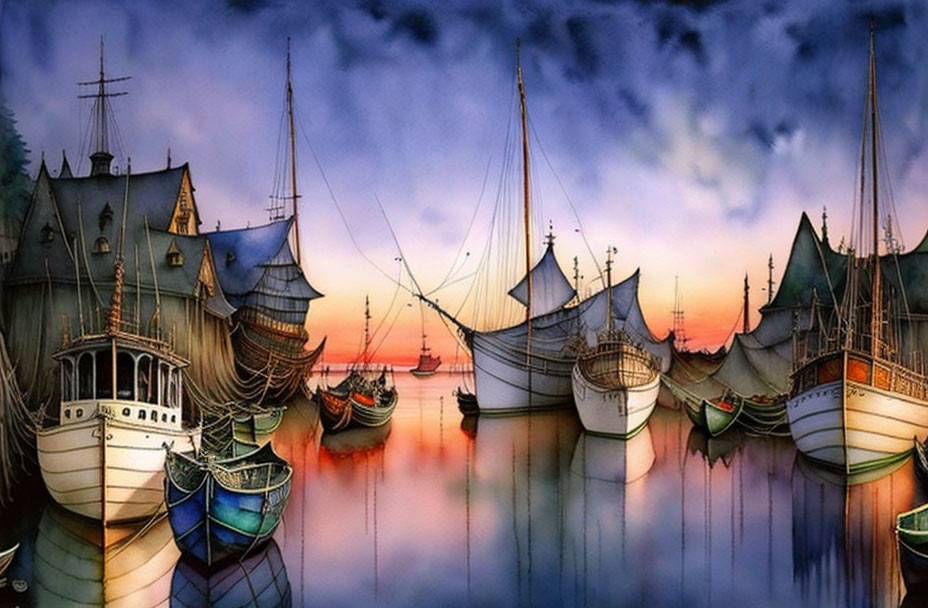 Old-fashioned ships in serene harbor under twilight sky