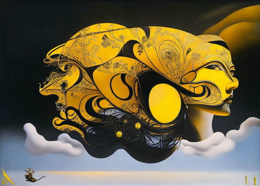 Stylized surreal artwork: Yellow and black female figure with elaborate headgear, floating above clouds.