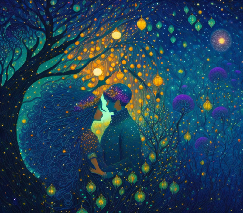 Whimsical couple silhouette in vibrant starlit scene