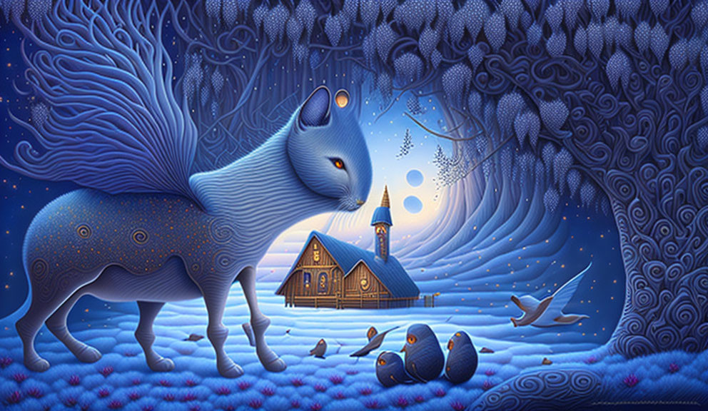 Whimsical blue-toned illustration of a stylized fox in dreamy landscape