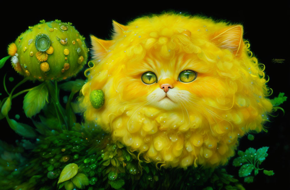 Yellow fluffy cat in vibrant flower garden