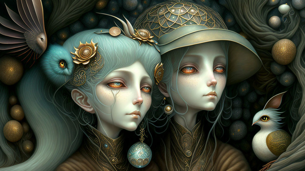 Ethereal beings with pale skin and red eyes in golden headdresses.