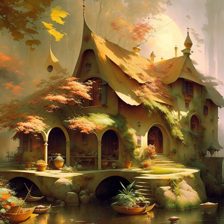 Autumnal scene with cozy cottage, lush foliage, river, boats in warm light