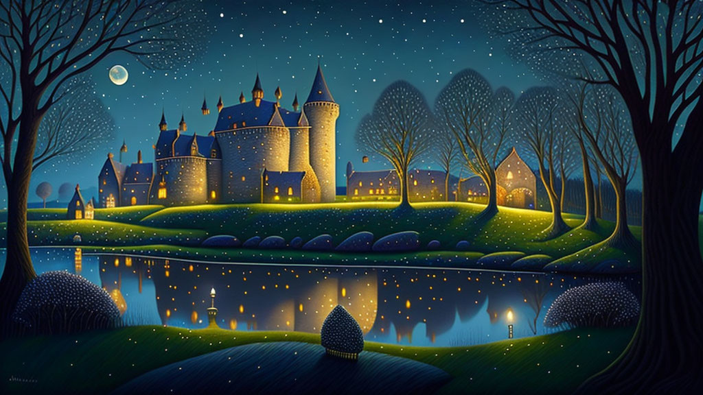 Starry Night Scene with Glowing Castle and Cottages Reflected in Lake