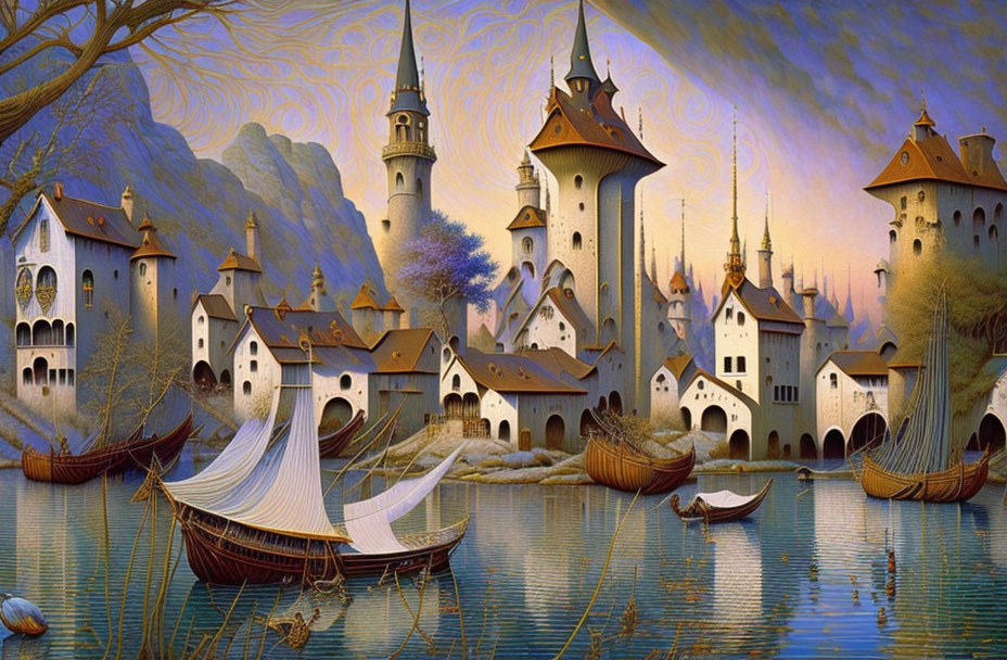 Fantasy landscape with ornate castles, towers, and boats by a serene lake under a twilight