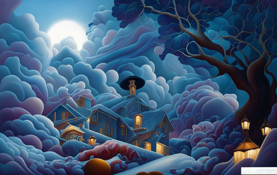 Blue house nestled among clouds under a tree with streetlamp and moonlight.