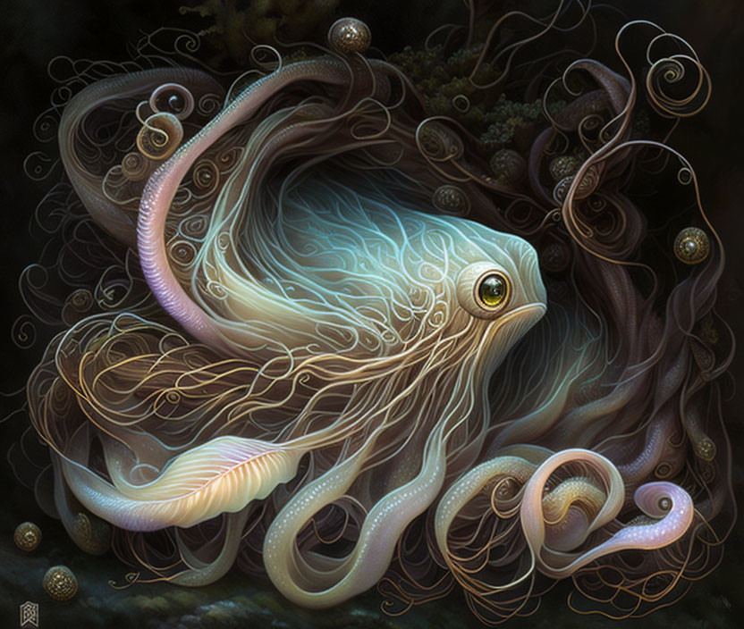 Detailed surreal octopus illustration with intricate patterns and swirls on dark mystical backdrop.