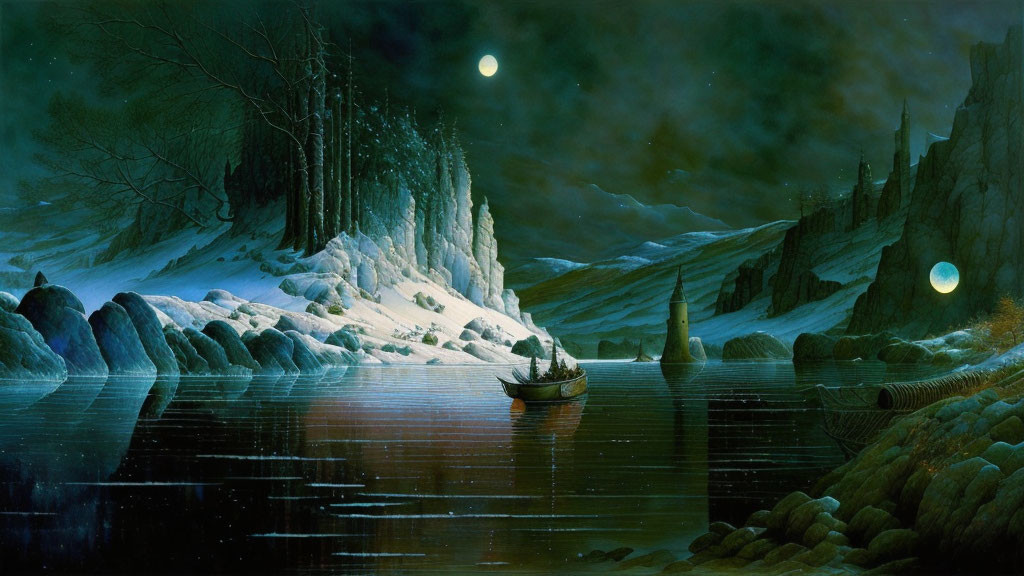 Winter Night: Boat on Reflective Water with Snow and Luminous Orbs