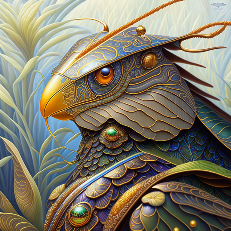 Detailed mechanical bird illustration with golden patterns and jewel-like embellishments on feathered background.