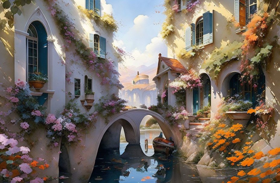 Tranquil canal in quaint village with arched bridges and blooming houses