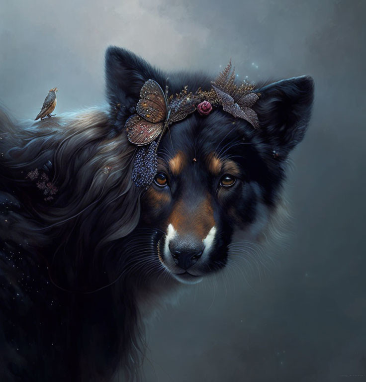 Serene dog with floral headpiece and bird companion