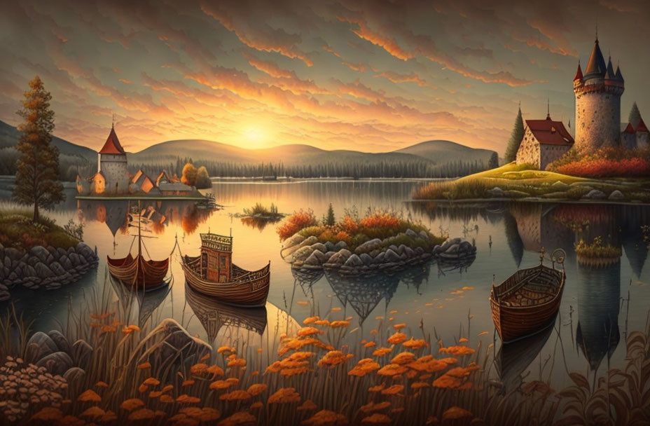 Scenic lake with boats, autumn foliage, castle, houses, and sunset sky