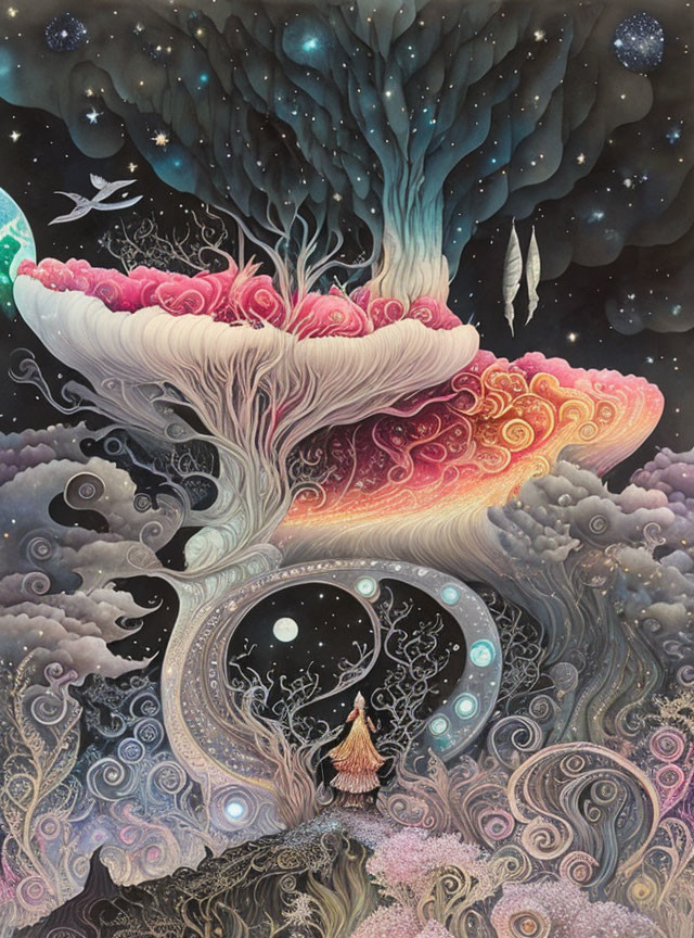 Surreal cosmic painting with coral-like tree and celestial figure