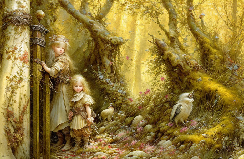 Children in mystical forest with ornate gate, ancient trees, lush foliage, and curious bird.