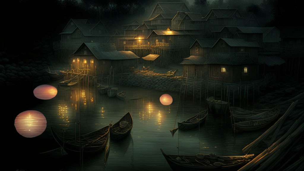 Night Scene of Stilt Village with Illuminated Windows and Floating Lanterns