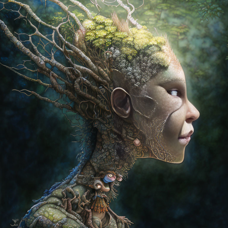 Serene mythical creature with tree branch hair and nature-inspired textures