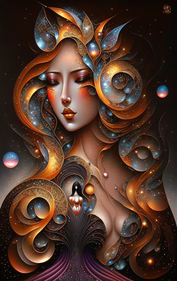 Ethereal artwork of woman with cosmic hair and celestial patterns on dark backdrop