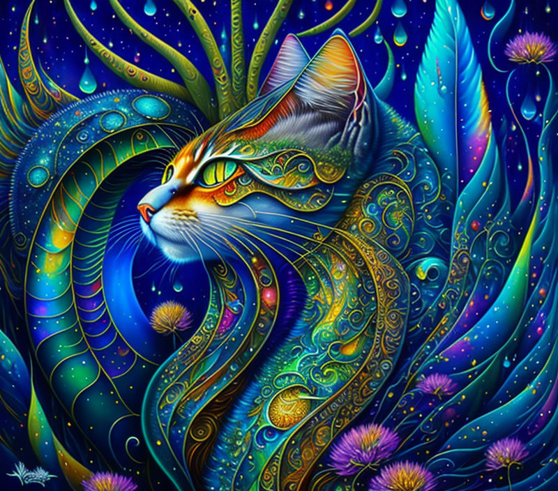 Colorful Stylized Cat Head Artwork with Glowing Eyes and Leaf-like Shapes