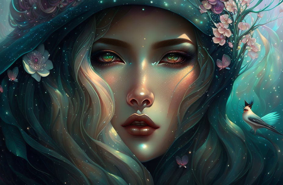 Fantasy illustration of woman with teal eyes, floral hair, cloak, and bird