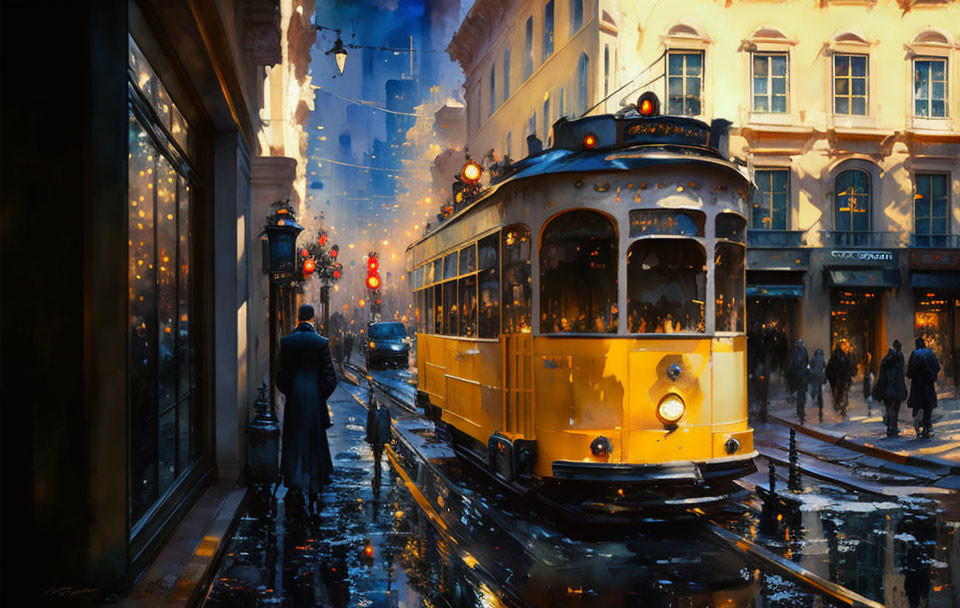 Bustling street scene at dusk with vintage yellow tram and pedestrians.