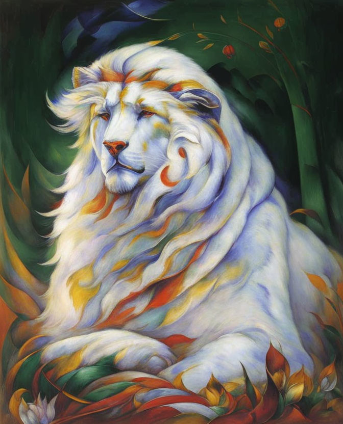 Colorful painting of majestic white lion with flowing mane in vibrant shades, surrounded by abstract plant forms.