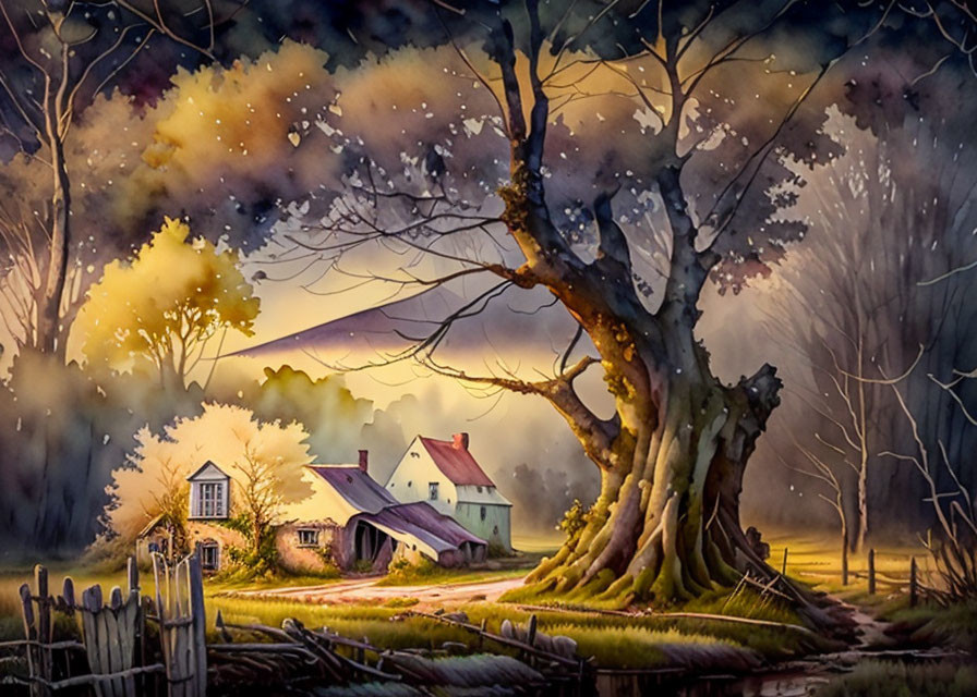 Tranquil rural landscape with tree, houses, and autumnal glow