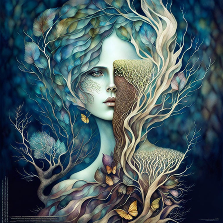 Woman's face merged with nature elements in surreal portrait