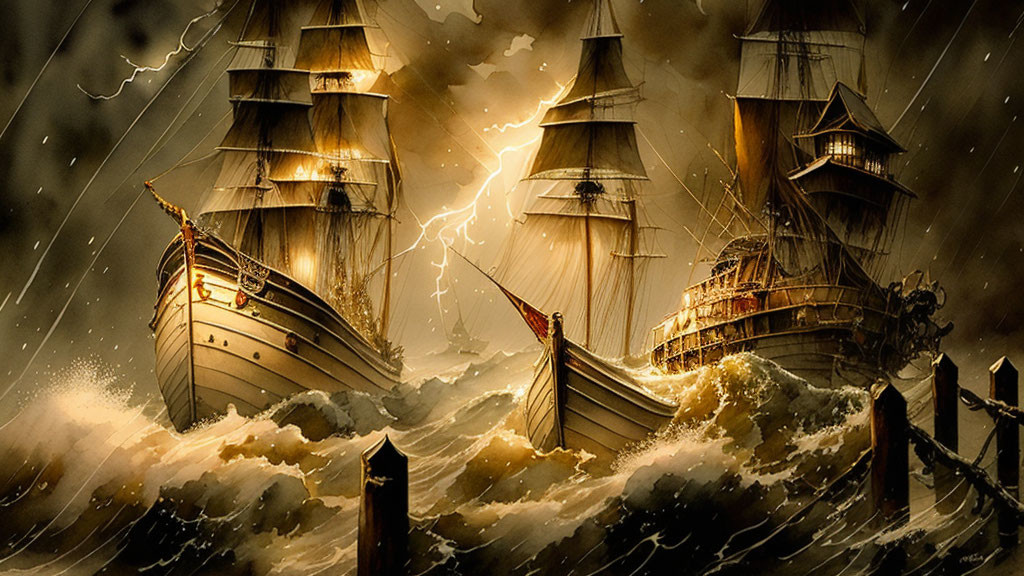 Tall ships sailing in stormy seas under lightning sky