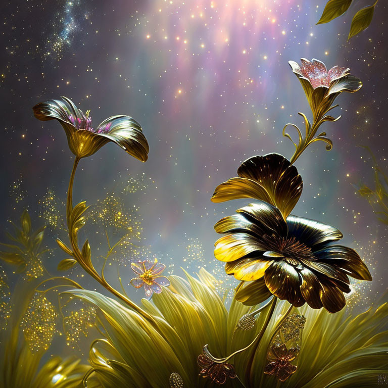 Metallic Flowers and Cosmic Grass in Starry Sky with Nebula