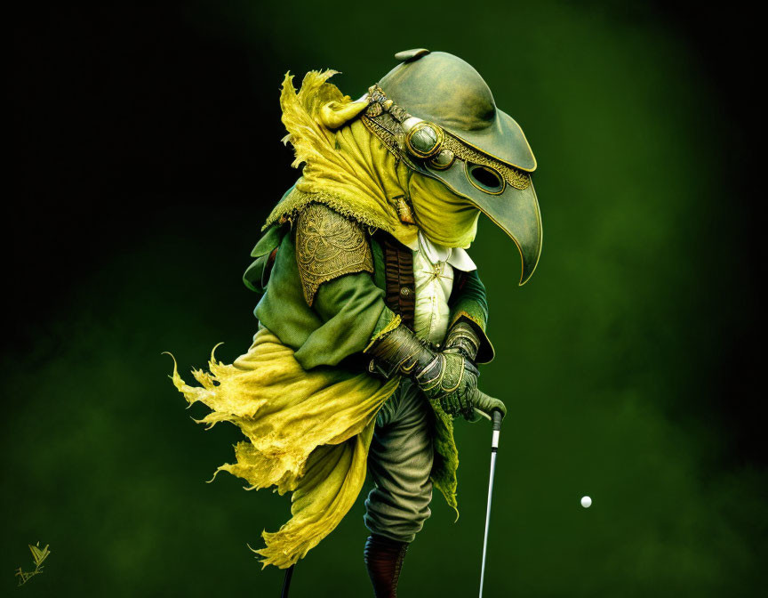 Elaborate Costume with Yellow Cloak and Helmet on Green Background