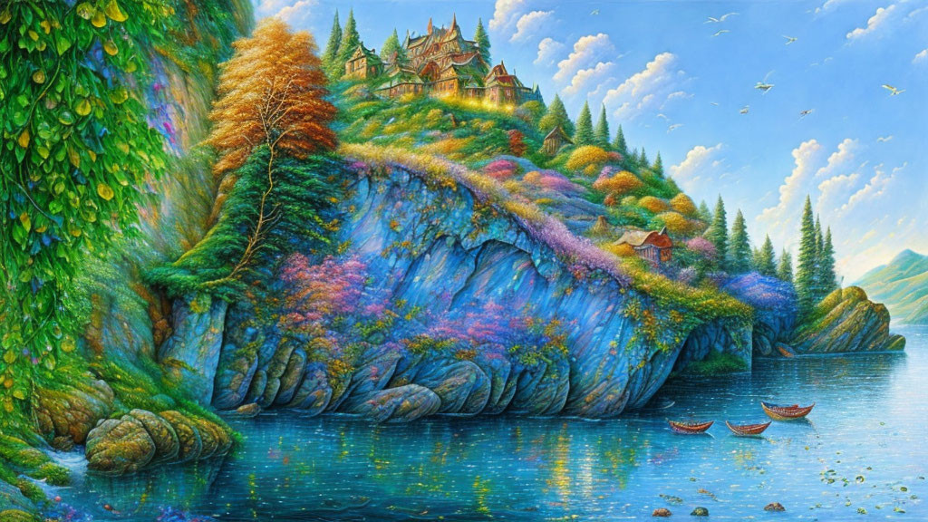 Colorful Landscape Painting: Green Cliff, Serene Lake, Castle, Birds