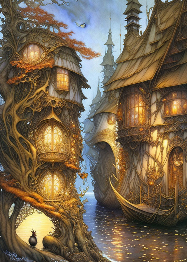 Whimsical treehouses and ship-like structures in an enchanted forest at twilight