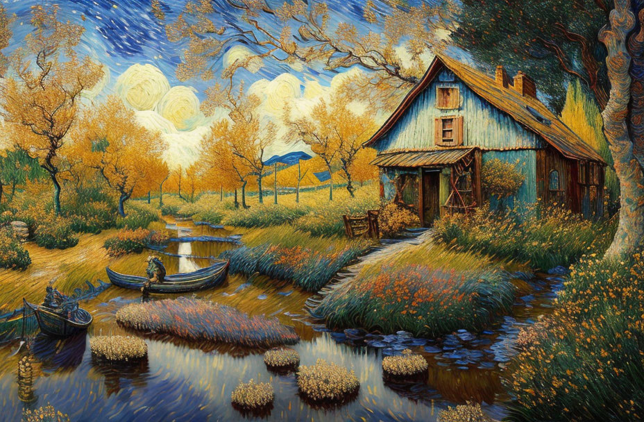 Tranquil blue cottage near stream with boats amid colorful nature under Van Gogh-like sky