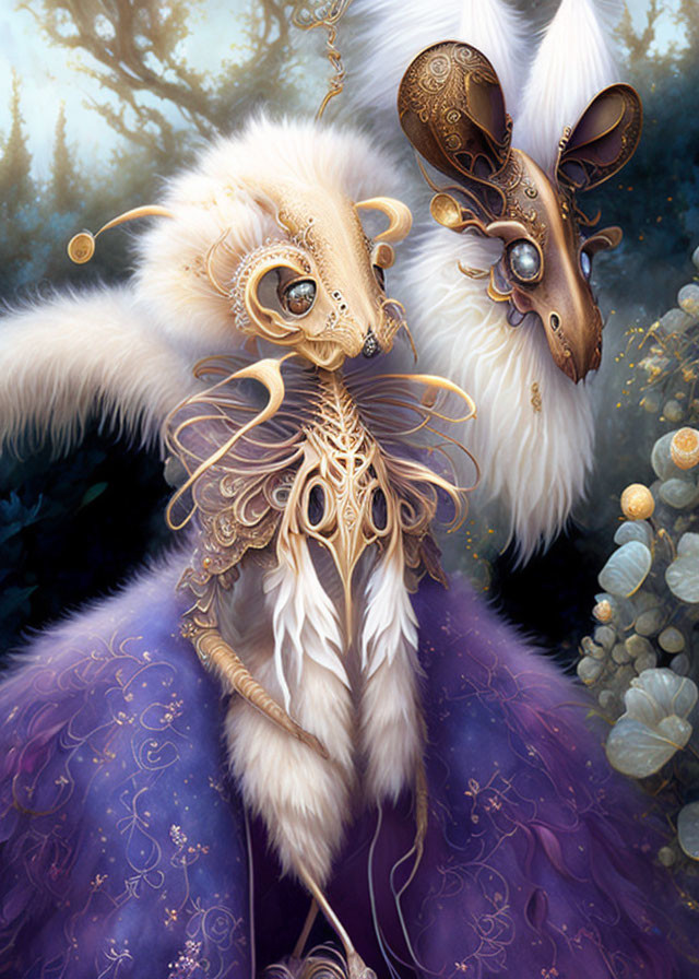 Fantasy rabbits in golden masks and forest setting