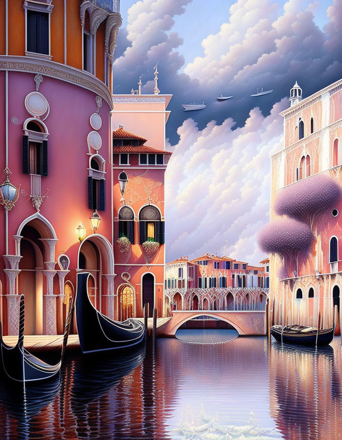 Vibrant Venice-like cityscape with whimsical clouds and gondolas
