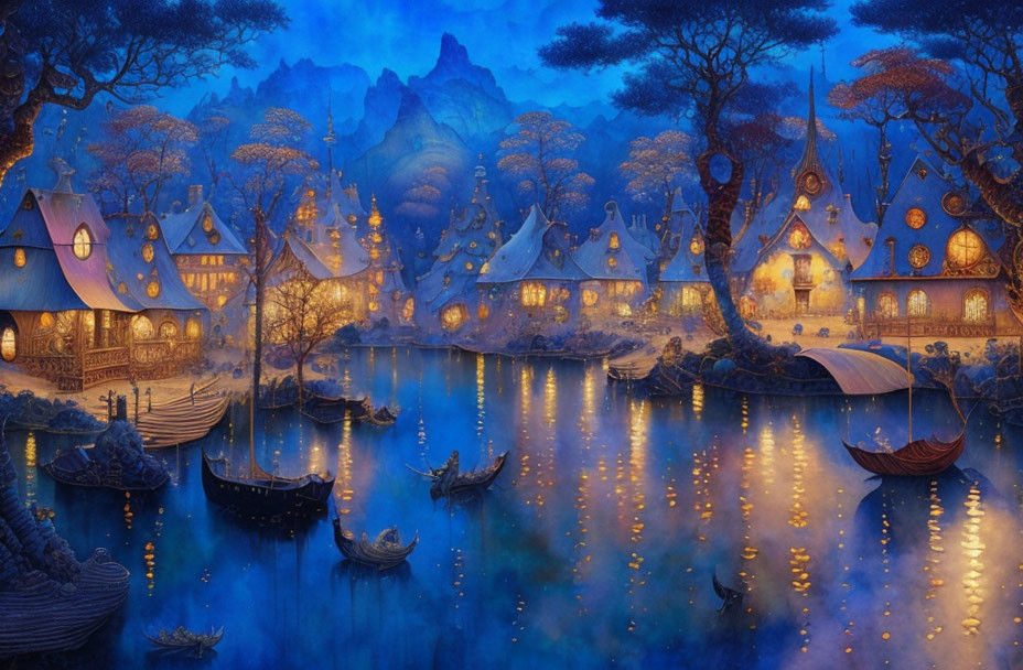 Enchanted village with thatched-roof houses by river at twilight