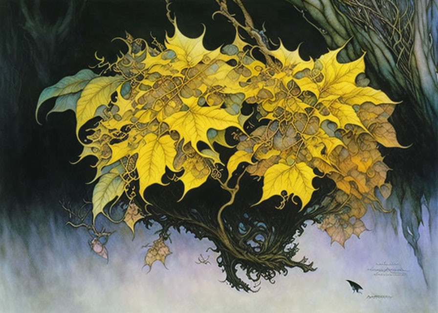 Golden tree painting with intricate branches in misty background