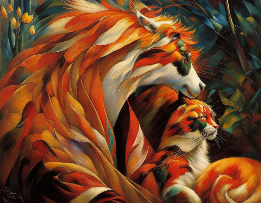 Colorful painting of mythical unicorn and tiger-like cat in lush green thicket