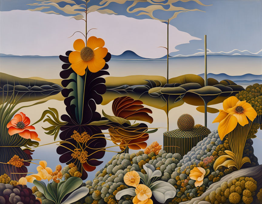 Surreal landscape painting with oversized flowers and rolling hills