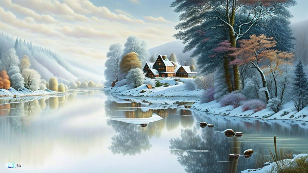 Tranquil Winter Scene: River, Snowy Trees, and Cozy Houses