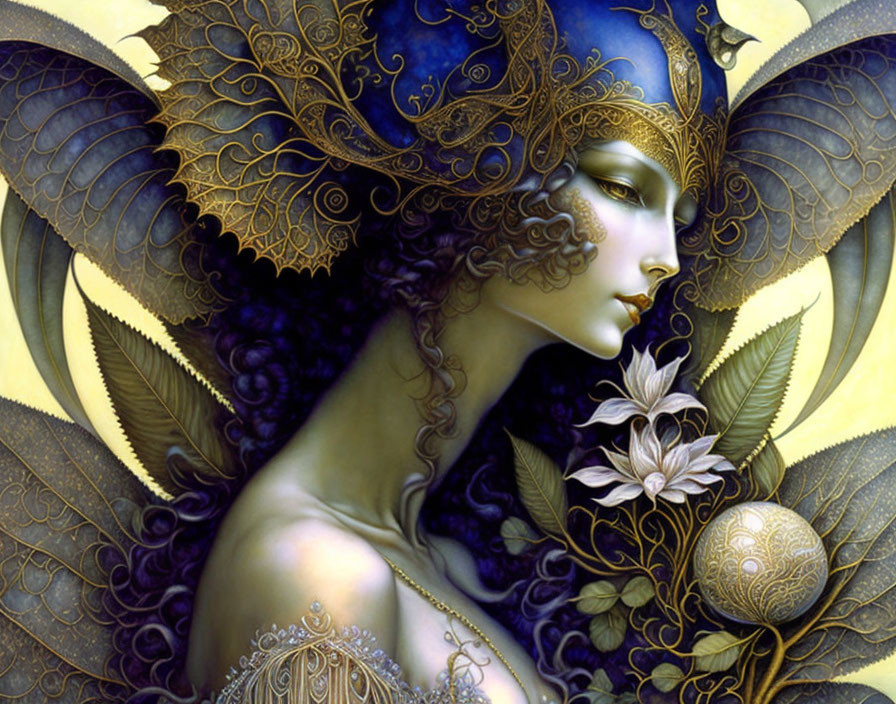 Fantasy artwork of woman with golden headgear and butterfly wings