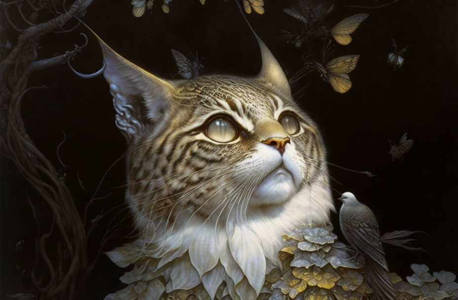 Realistic painting of majestic cat with intricate markings, butterflies, and bird on dark botanical background.